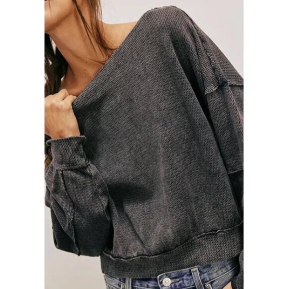 FREE PEOPLE Ife Pullover Sweater Thermal Textured Waffle Knit Crop Exposed Seams - Picture 6 of 16